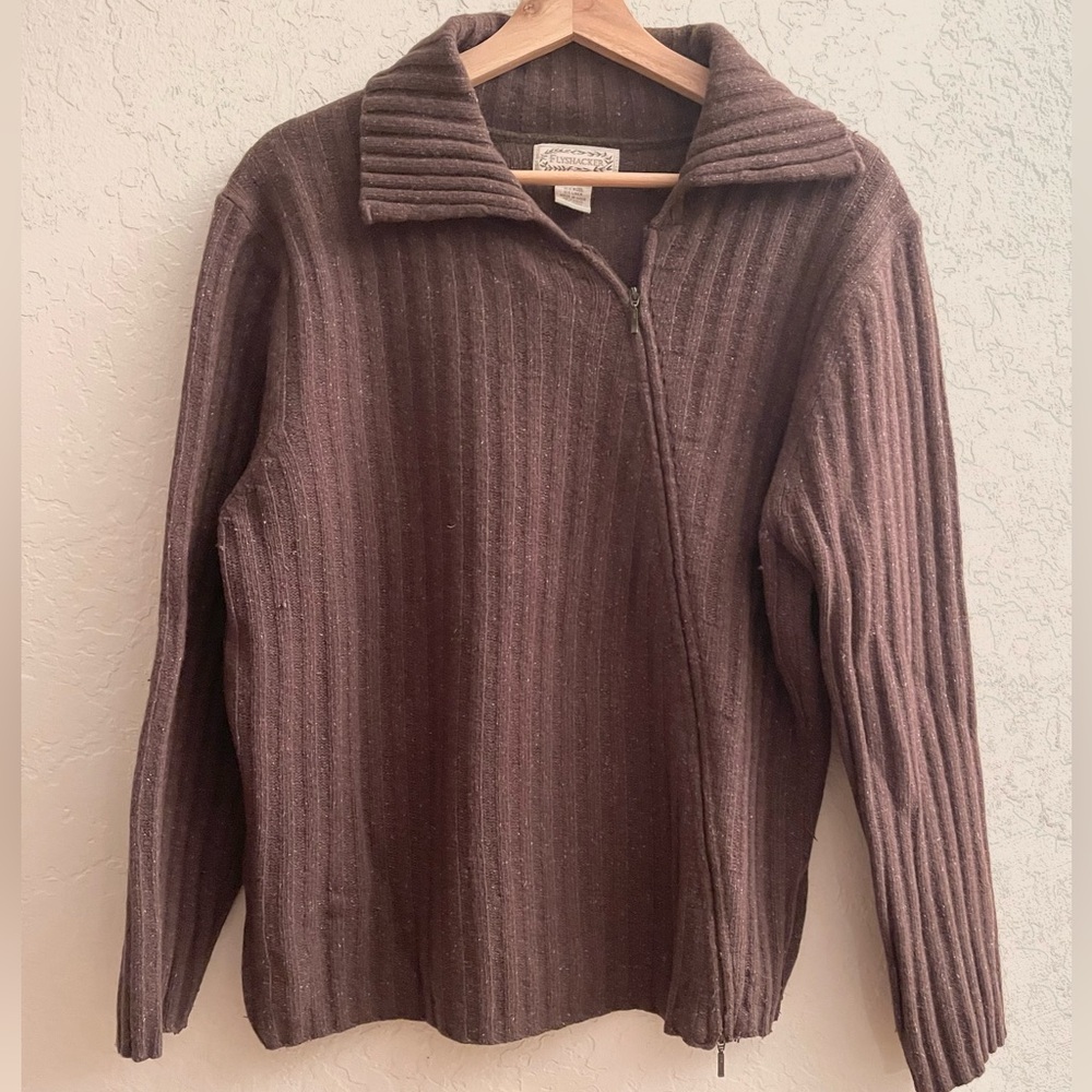Women’s Size XL Brown Diagonal Full Zip Sweater Long Sleeve 90% Wool